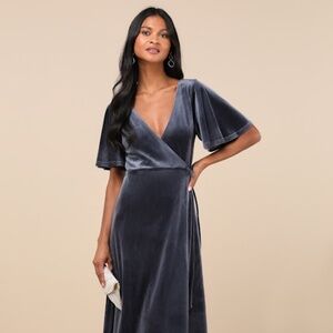 Lulus Defining Elegance Slate Blue Velour Short Sleeve Wrap Maxi Dress - Size S